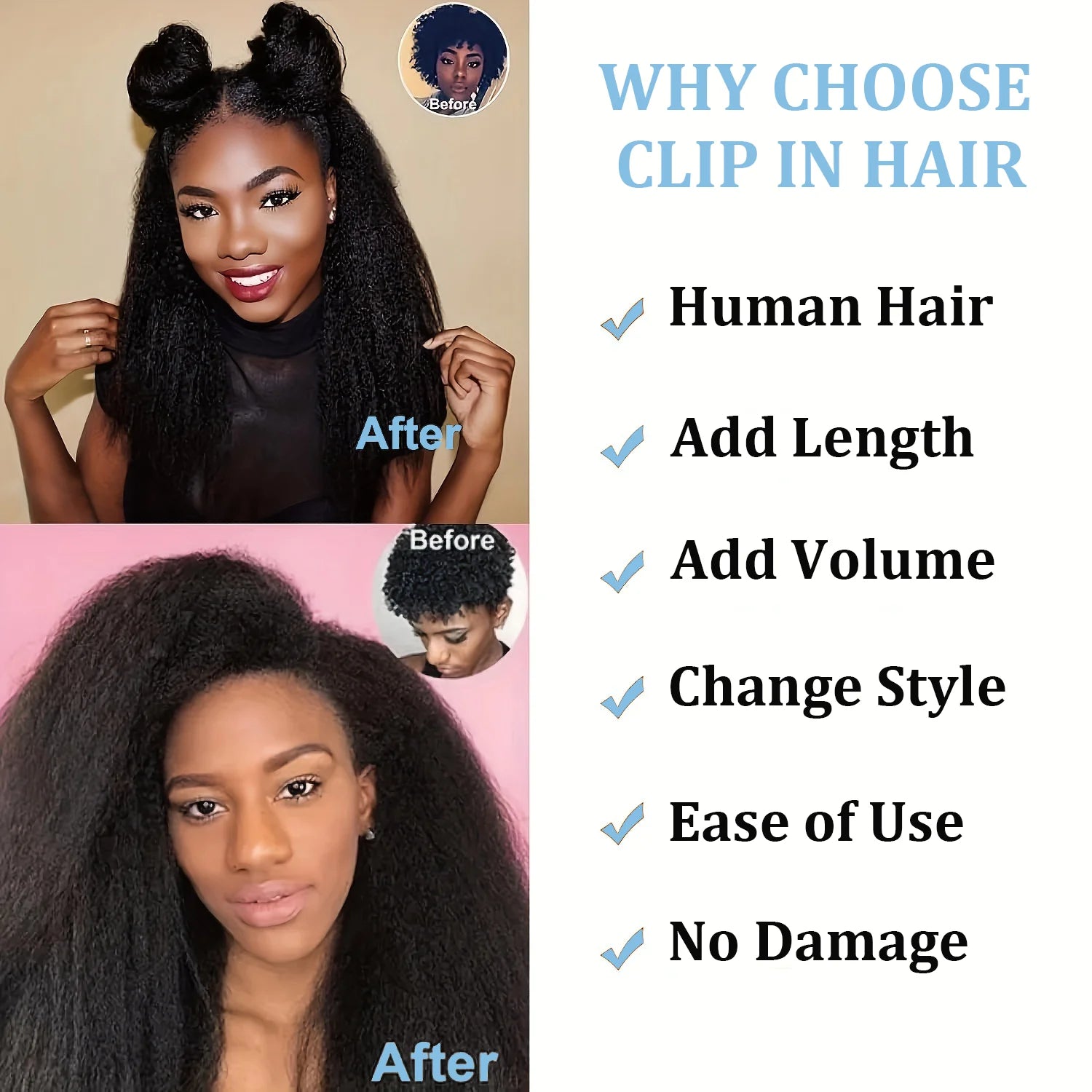 Extensions Clip-In Kinky Straight Cheveux Brésiliens Remy 120g — 8 Pièces Tête Complète Toutes Couleurs