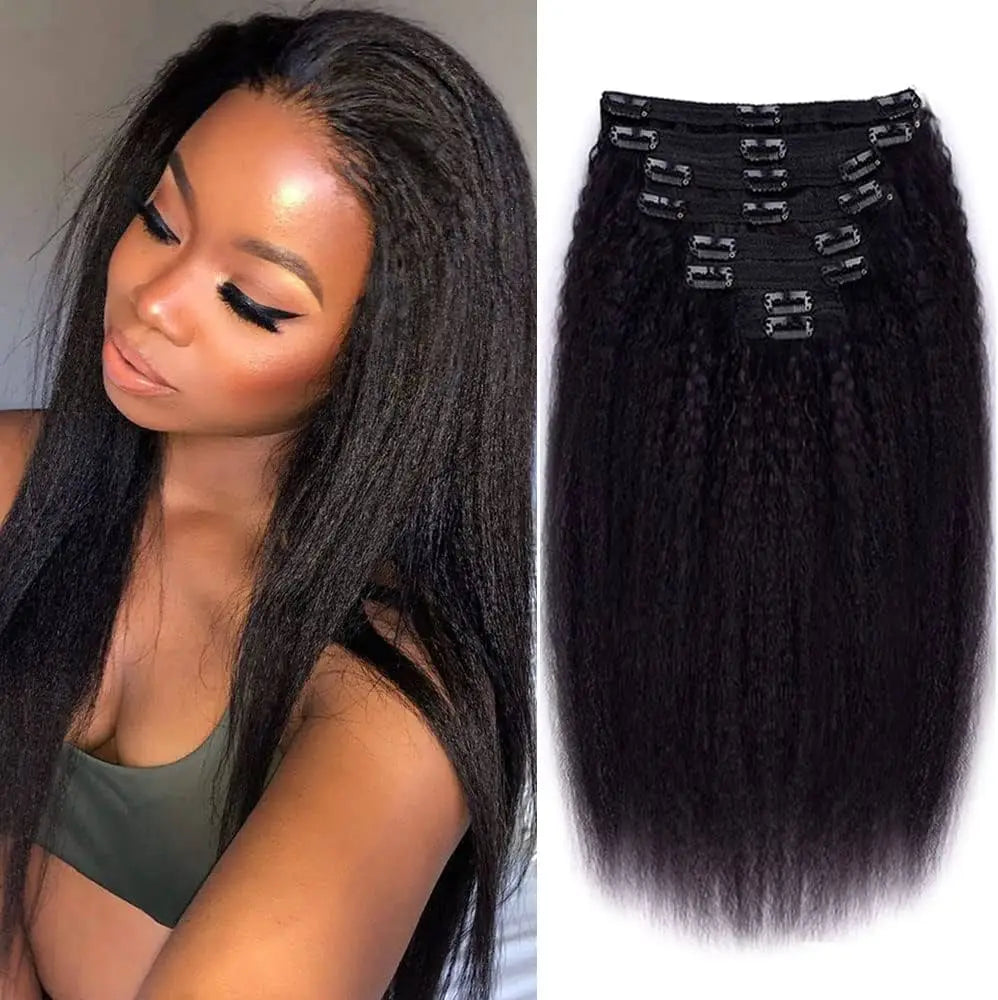 Extensions Clip-In Kinky Straight Cheveux Brésiliens Remy 120g — 8 Pièces Tête Complète Toutes Couleurs