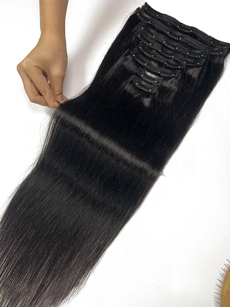 Extensions Clip-In Lisse Cheveux Brésiliens Remy 120g — 8 Pièces Tête Complète Noir Naturel