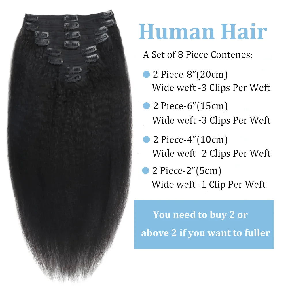 Extensions Clip-In Kinky Straight Cheveux Brésiliens Remy 120g — 8 Pièces Tête Complète Toutes Couleurs