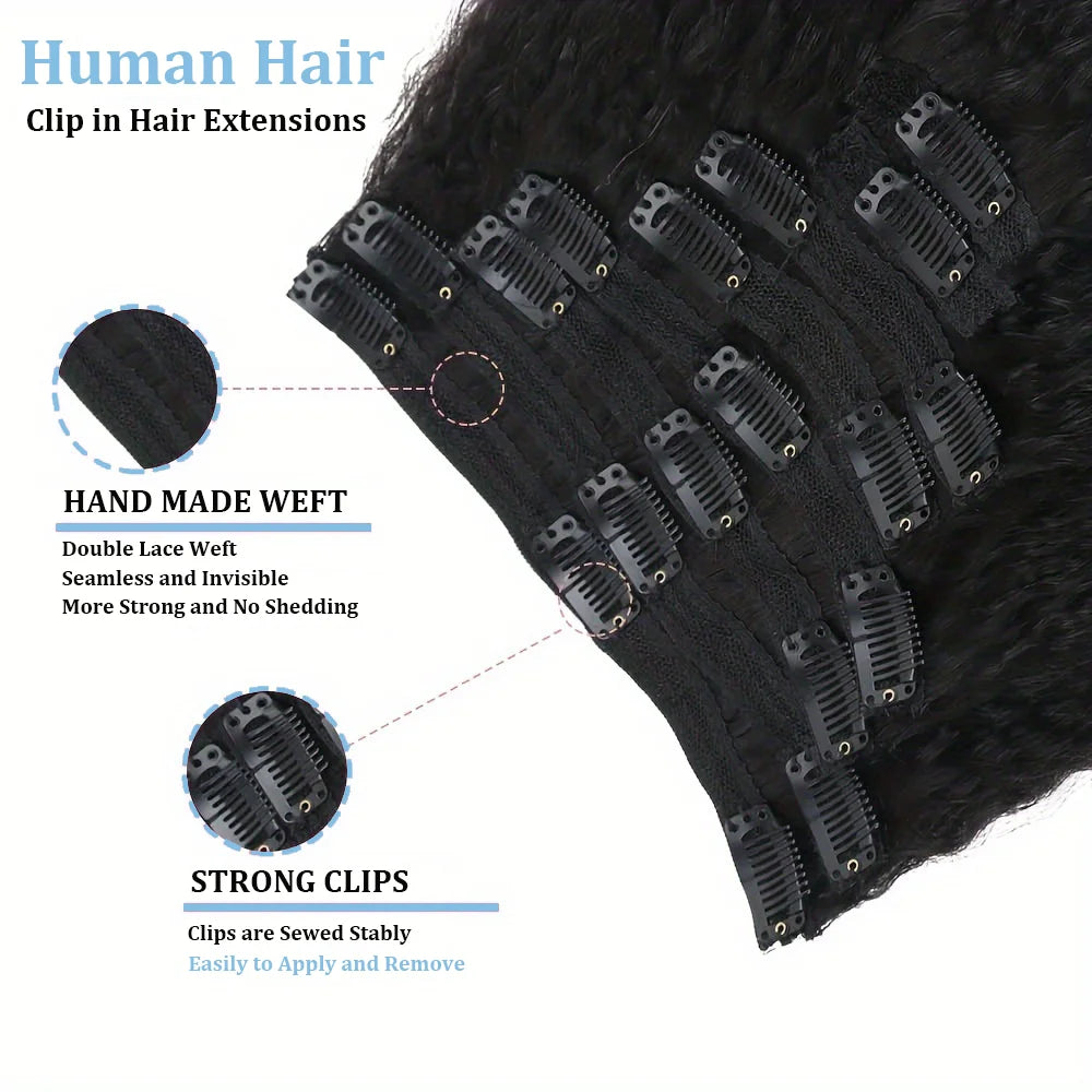 Extensions Clip-In Kinky Straight Cheveux Brésiliens Remy 120g — 8 Pièces Tête Complète Toutes Couleurs
