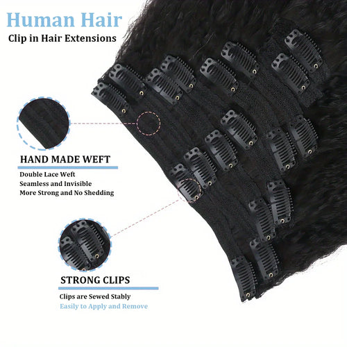 Extensions Clip-In Kinky Straight Cheveux Brésiliens Remy 120g — 8 Pièces Tête Complète Toutes Couleurs
