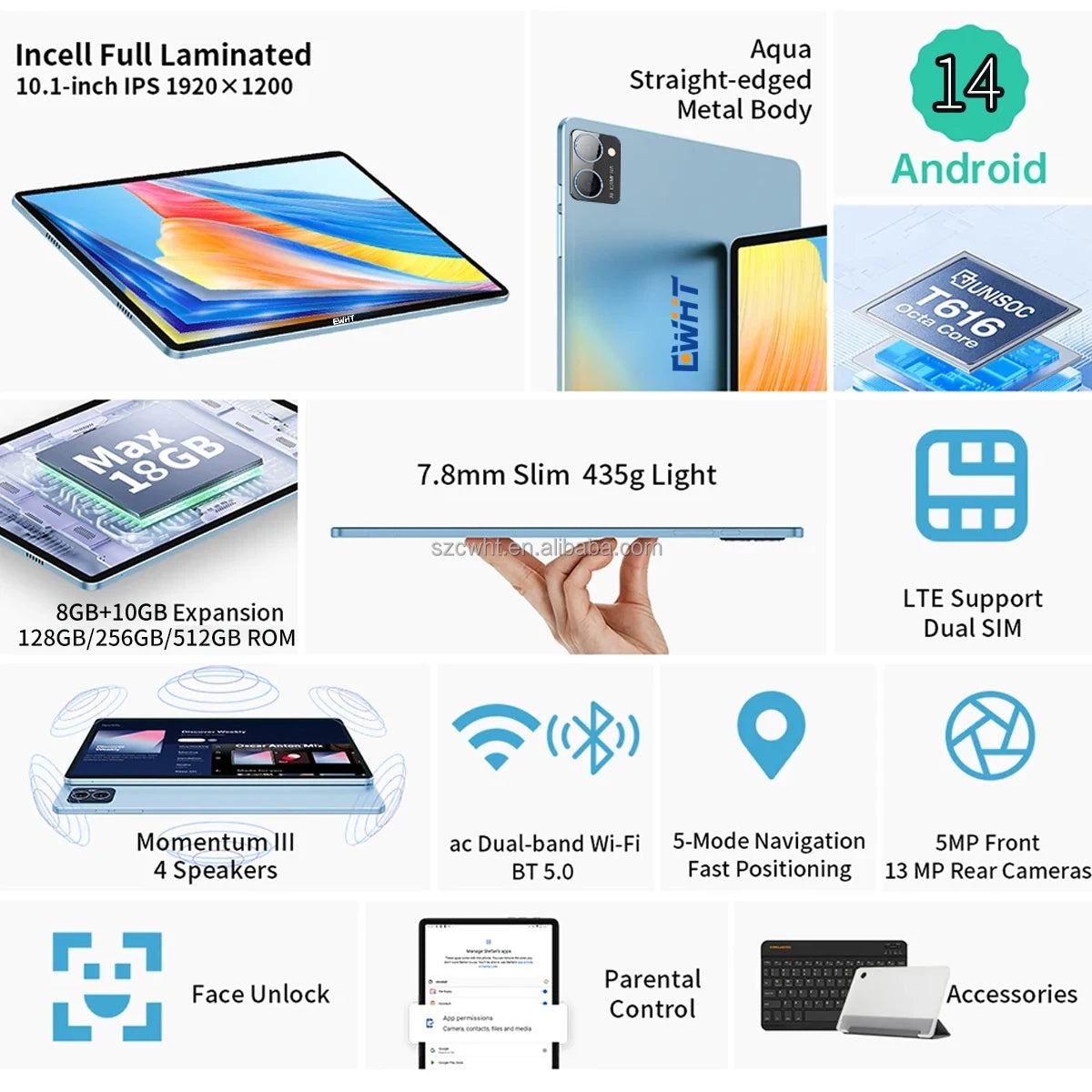 Tablette 10.1" — 6 Go RAM, 64 Go, Fonction Appel, Double Caméra 5MP/13MP