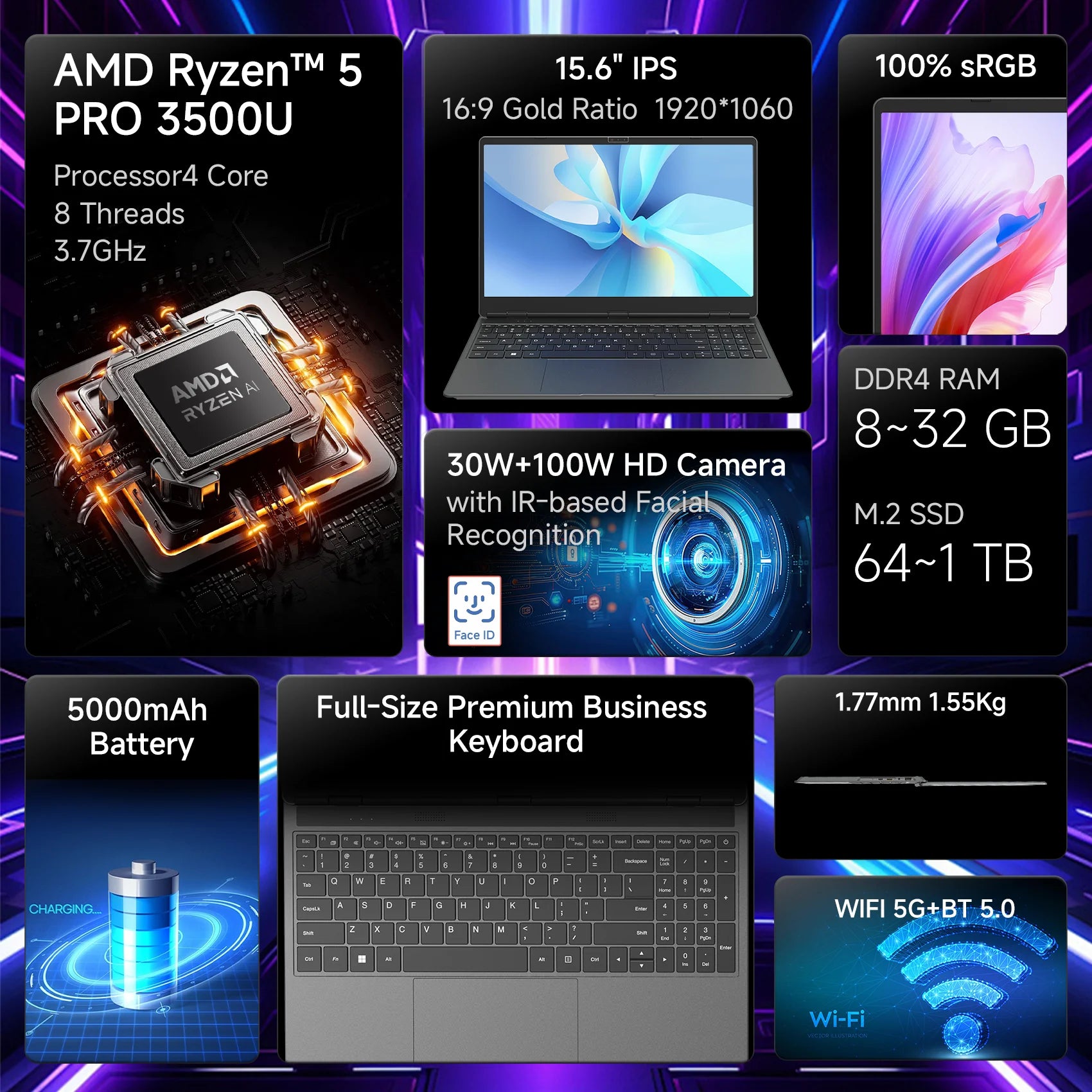 PC Portable Business 15.6" AMD Ryzen 5 3500U — Radeon Vega 8, Écran IPS Full HD, Windows 11