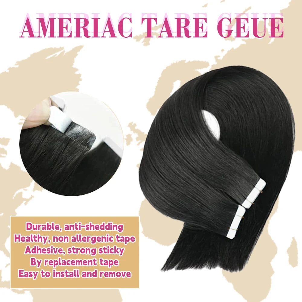 Extensions Tape-In Cheveux Humains Remy Lisse — 20 Pièces Seamless Skin Weft Noir Naturel