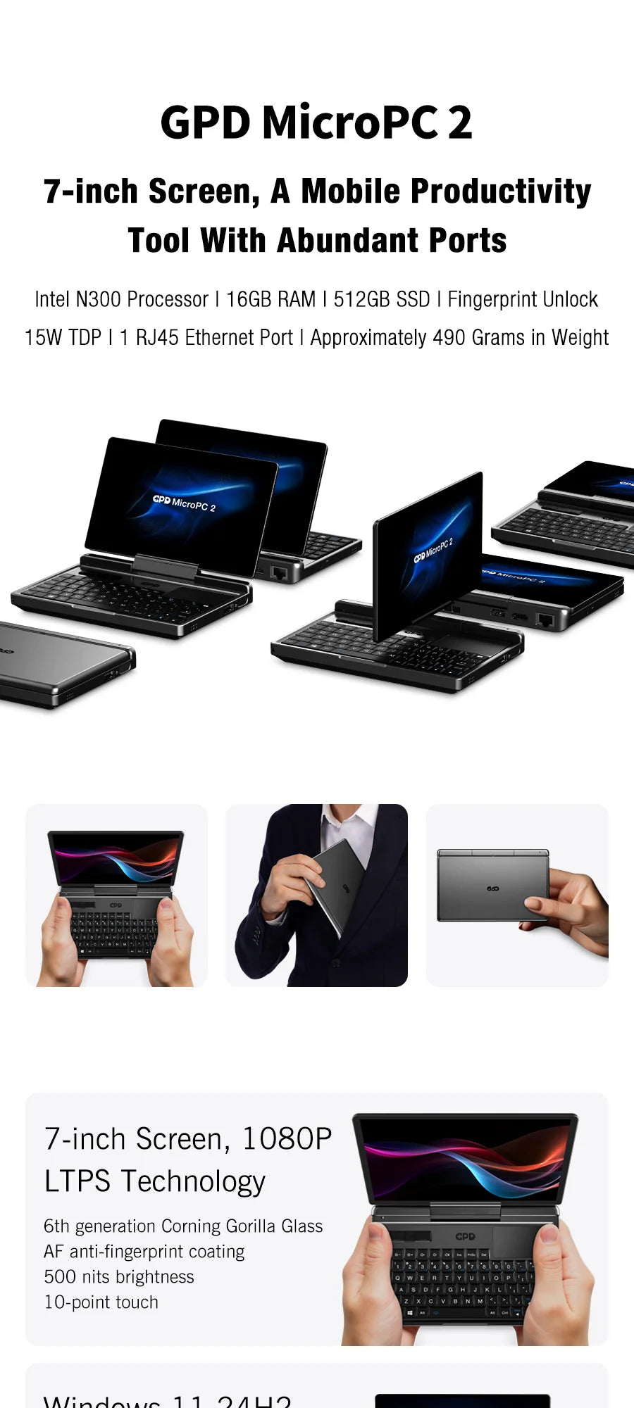 Mini PC Portable GPD MicroPC 2 — Intel Core i3-N350, 16 Go RAM, 512 Go SSD, Écran 7", Windows 11