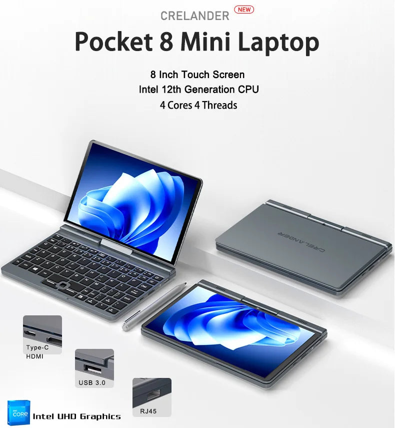 Mini Laptop Tactile CRELANDER P8 8" — Intel N150 12ème Gén, 12 Go DDR5, SSD 1To, Rotatif 360°, WiFi 6, Windows 11