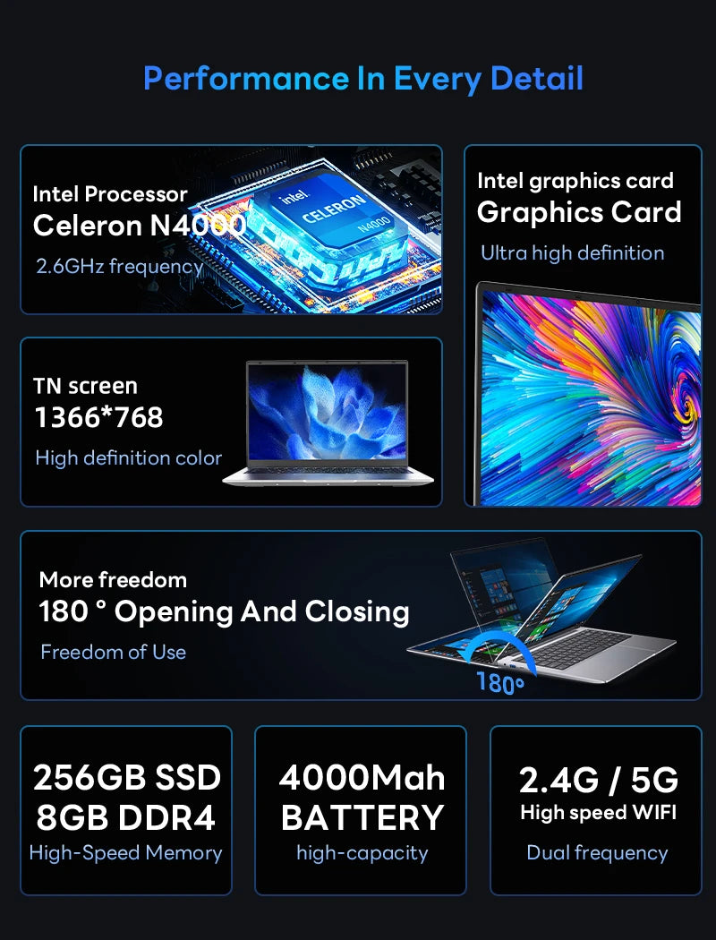 Ordinateur Portable BYONE 14" — Intel Celeron N4000, 8 Go RAM, SSD 256/512 Go, Windows 11