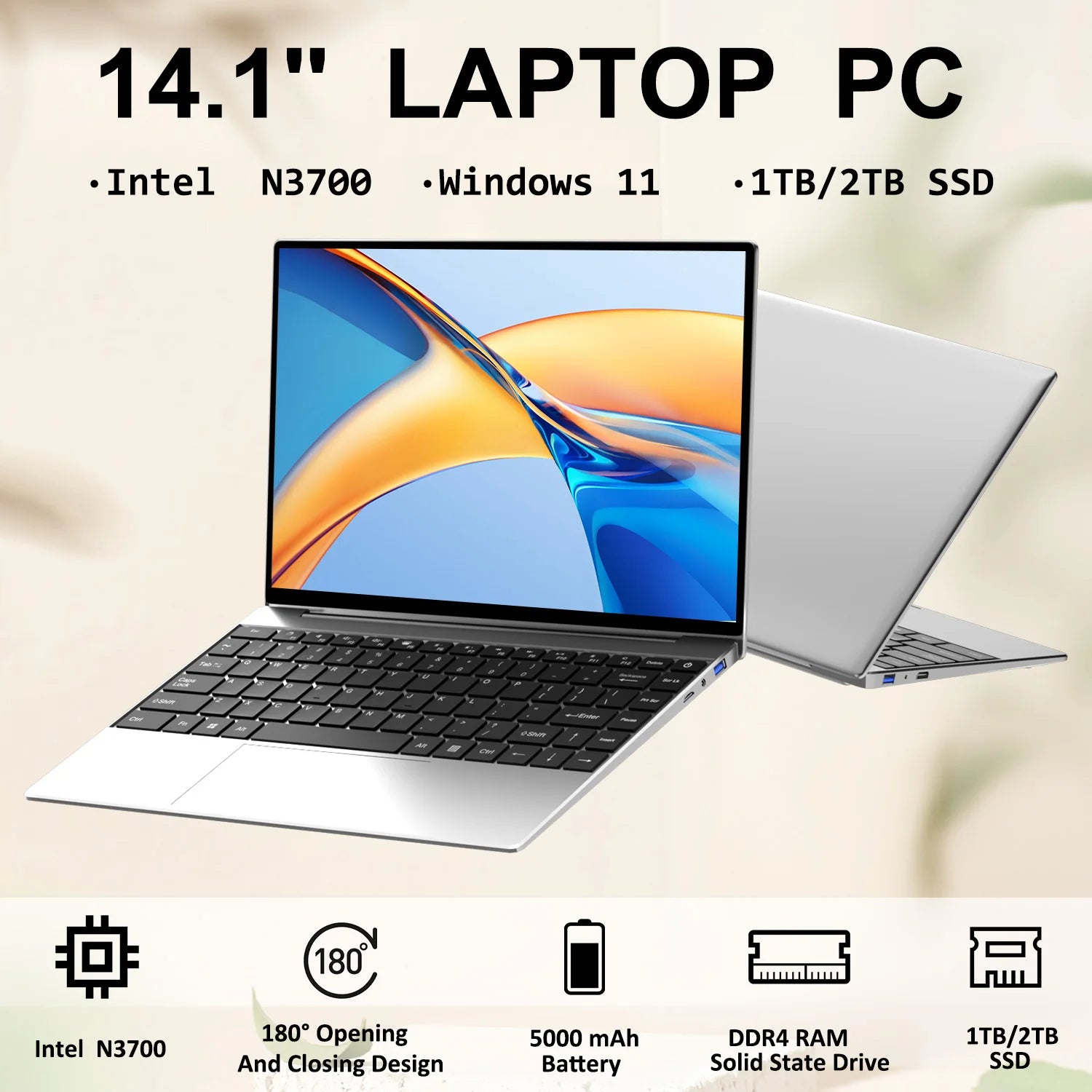 PC Portable Ultra Slim 14.1" — Intel N3700, 16 Go RAM, SSD jusqu'à 2 To, Windows 11 Pro