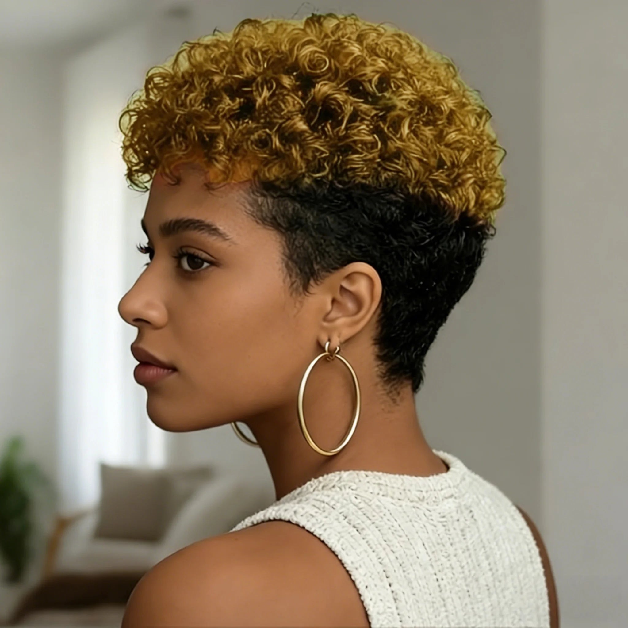 Perruque Pixie Cut Kinky Curly Courte — Cheveux Birmans Remy 6 Pouces Machine Made