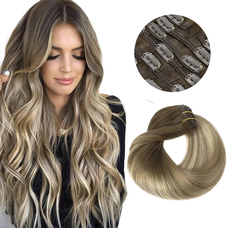 Extensions Clip-In Cheveux Humains Remy — Balayage Brun Naturel, Miel & Ombré 14 à 22 Pouces
