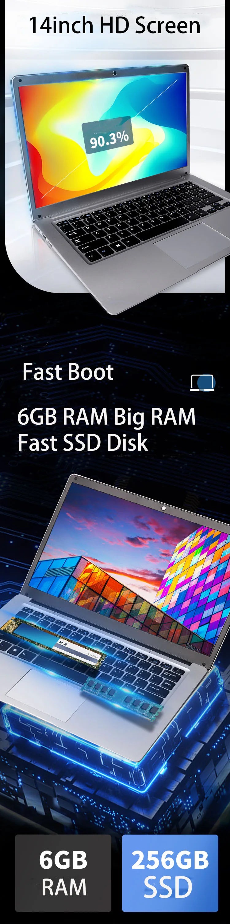 Ordinateur Portable Étudiant GMOLO 14" — Intel Celeron N3350, 4/6 Go RAM, SSD 64Goà 512Go, WiFi, Bluetooth, Windows 10