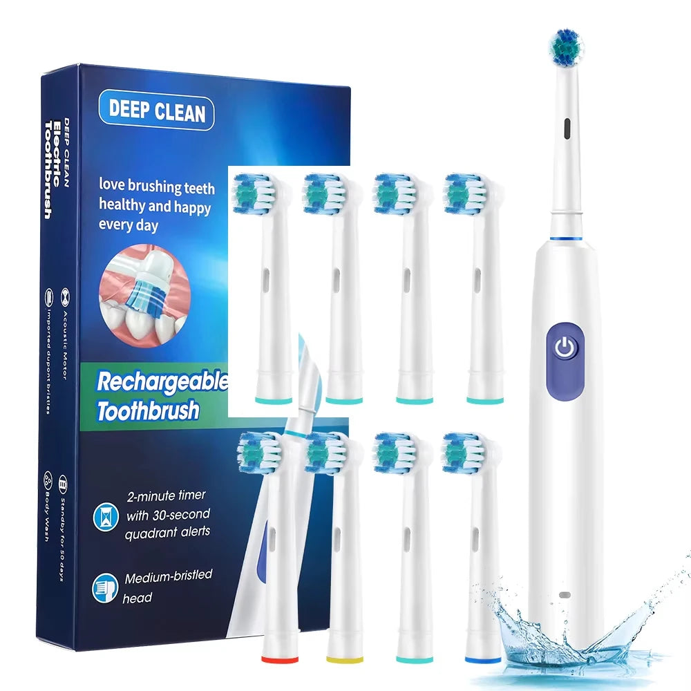 Brosse à Dents Électrique Rotative – Nettoyage Profond, Rechargeable, 8 Têtes Incluses