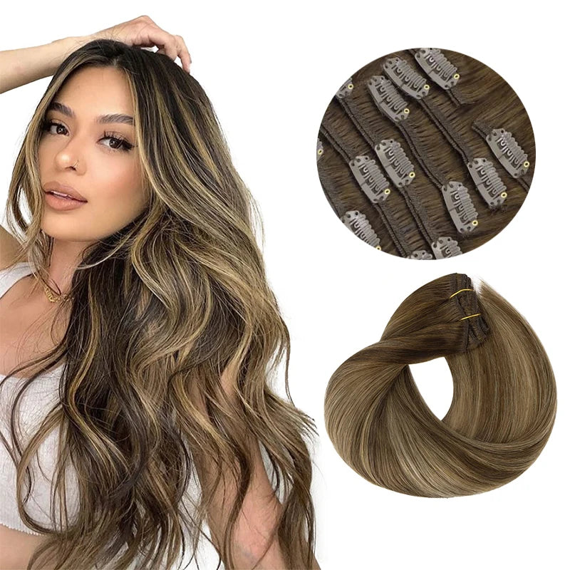 Extensions Clip-In Cheveux Humains Remy — Balayage Brun Naturel, Miel & Ombré 14 à 22 Pouces