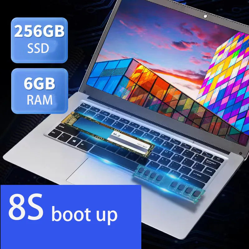 Ordinateur Portable Étudiant GMOLO 14" 2026 — Intel Celeron N3350, 4/6 Go RAM, SSD 64Go/256Go, WiFi, Bluetooth, Windows 10