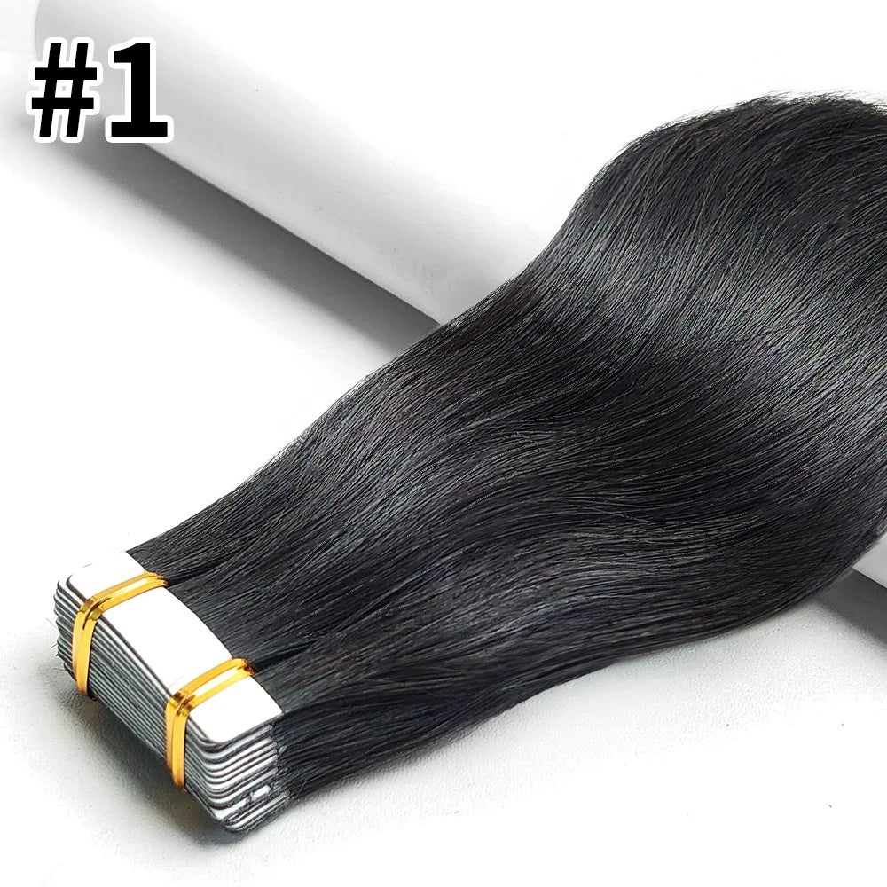 Extensions Tape-In Cheveux Humains Remy Lisse — 20 Pièces Seamless Skin Weft Noir Naturel