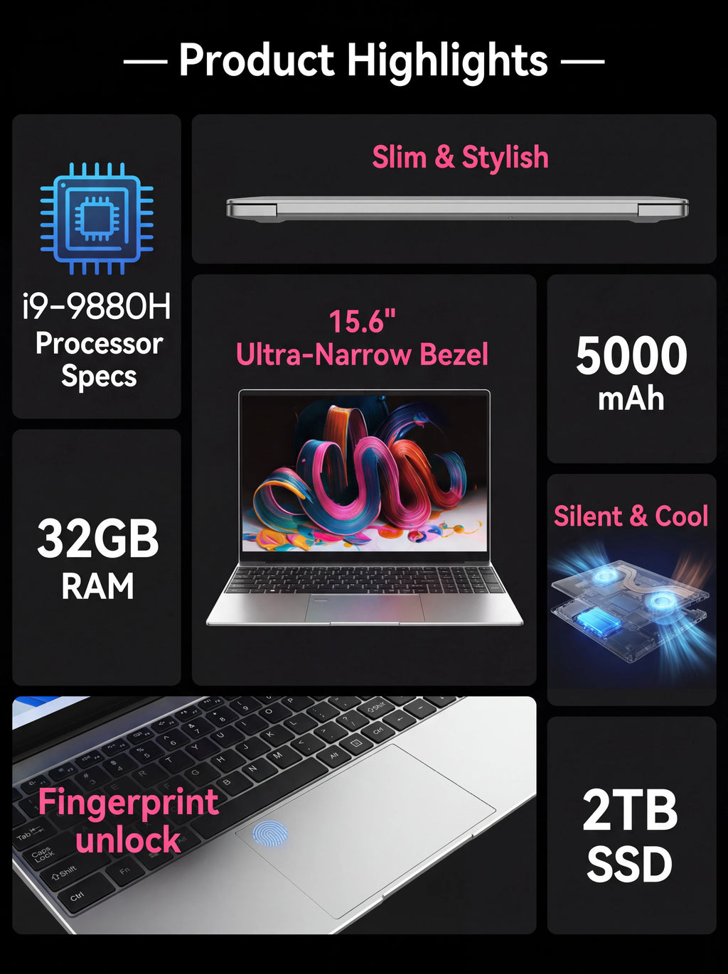 Ordinateur Portable NAIWO 15.6" 2026 — Intel Core i9-9880H, 32 Go DDR4, SSD 2To, Clavier Rétroéclairé, Windows 11 Pro