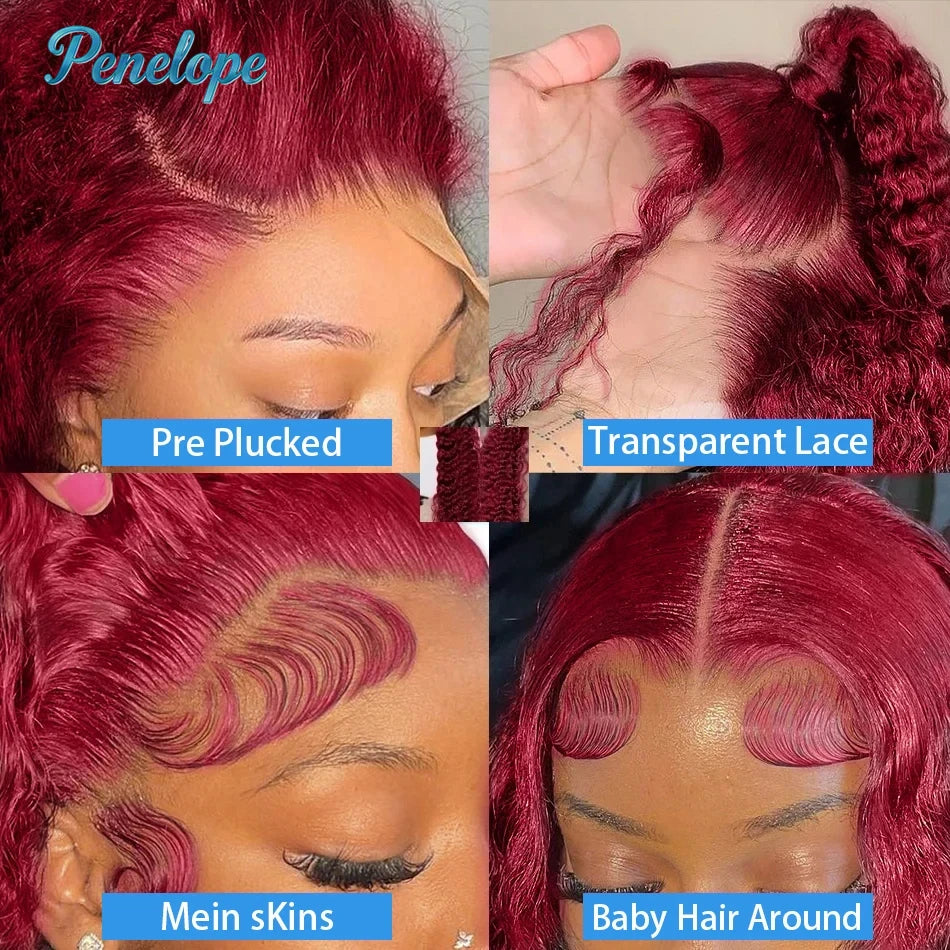 Perruque Deep Wave Bordeaux 99J 200% Sans Colle — Lace Front HD 13x4 Cheveux Brésiliens 30 à 40 Pouces