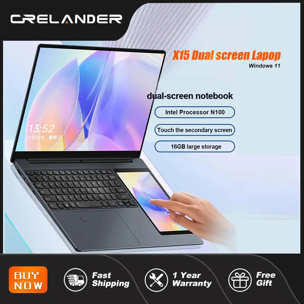 Ordinateur Portable CRELANDER 15.6" Double Écran — Intel N100, 16/32 Go RAM, SSD 1To/2To, Clavier RGB, Windows 11