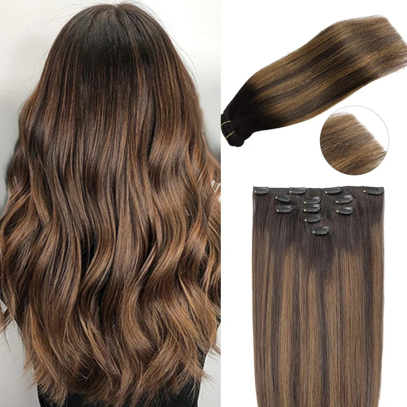 Extensions Clip-In Cheveux Humains Remy — Balayage Brun Naturel, Miel & Ombré 14 à 22 Pouces