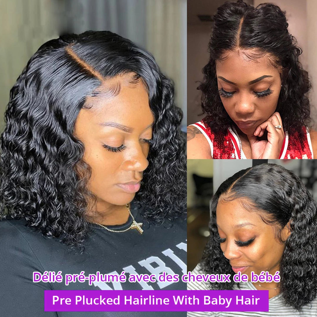 Perruque Bob Courte Deep Wave Curly — T Part Lace HD Cheveux Brésiliens Remy 100% Naturels