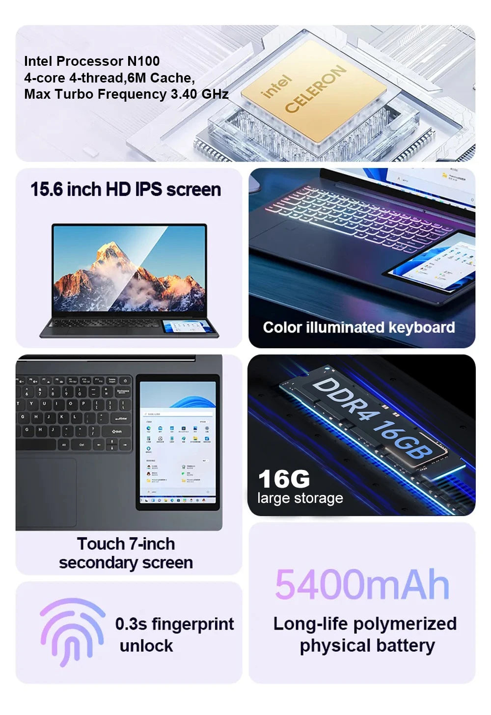 Ordinateur Portable CRELANDER 15.6" Double Écran — Intel N100, 16/32 Go RAM, SSD 1To/2To, Clavier RGB, Windows 11