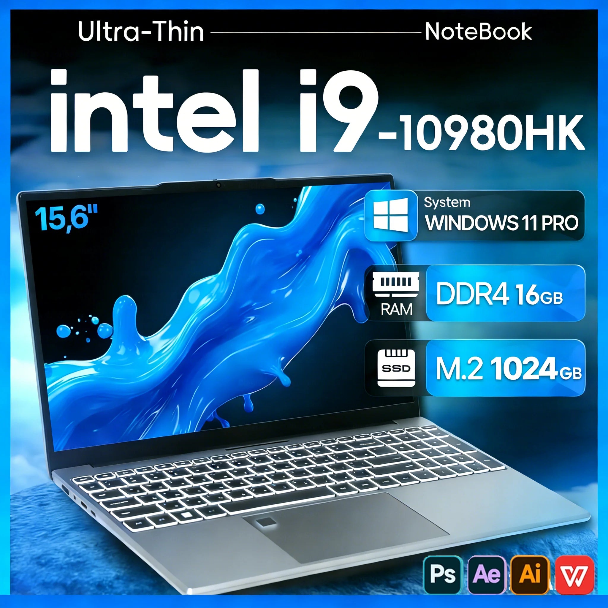 Ordinateur Portable 15.6" Intel Core i9-10980HK — 16 Go DDR4, SSD 1To, Écran 90Hz, Empreinte Digitale, Windows 11