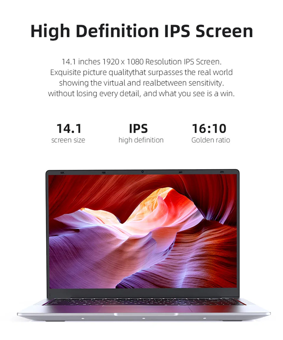 Ordinateur Portable Ultra-Slim 14.1" Intel Atom A3950 — 12 Go RAM, SSD M.2, Écran Full HD IPS, Windows 11 Pro