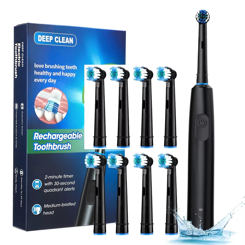 Brosse à Dents Électrique Rotative – Nettoyage Profond, Rechargeable, 8 Têtes Incluses