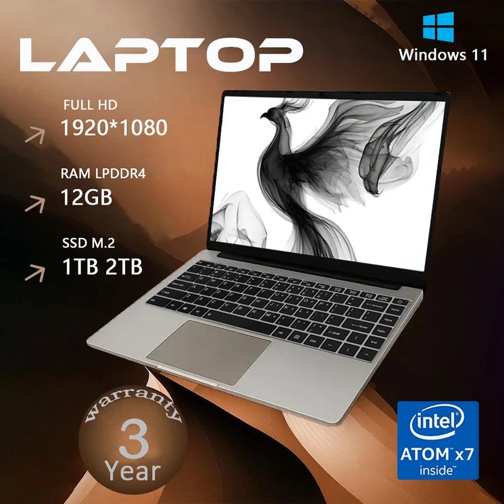 Ordinateur Portable Bureau 2025 — Intel Atom x7 A3950, 12 Go DDR4, SSD 512Go/1To, Écran Full HD 90Hz, Windows 11