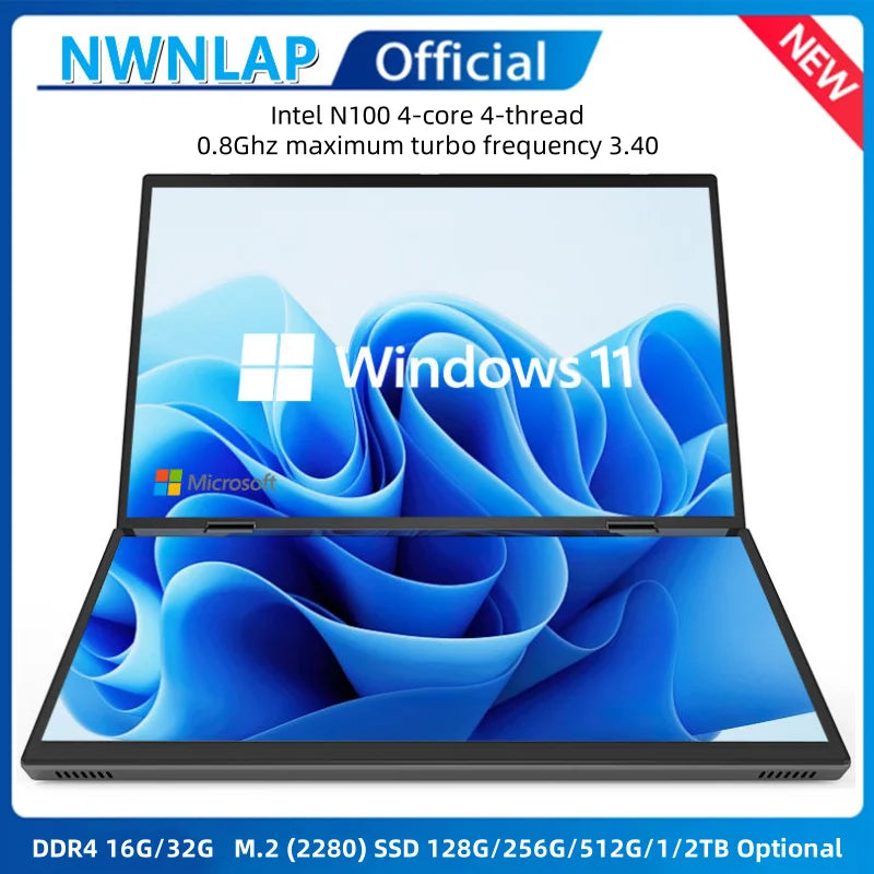 PC Portable Double Écran 14" — Intel N100, 16 Go RAM, 128 Go à 1 To SSD, Écran Tactile, Windows 11