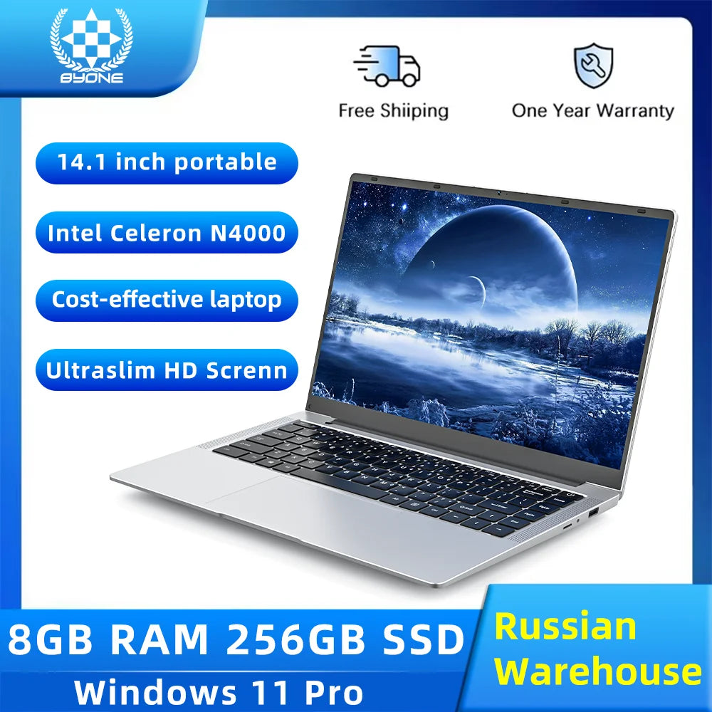 Ordinateur Portable BYONE 14" — Intel Celeron N4000, 8 Go RAM, SSD 256/512 Go, Windows 11