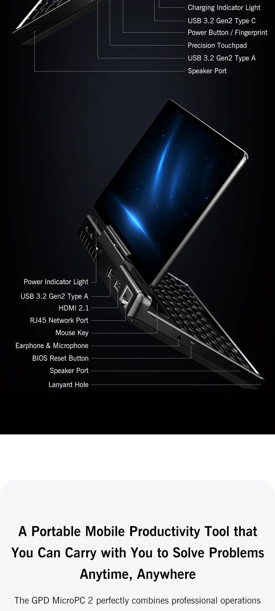 Mini PC Portable GPD MicroPC 2 — Intel Core i3-N350, 16 Go RAM, 512 Go SSD, Écran 7", Windows 11