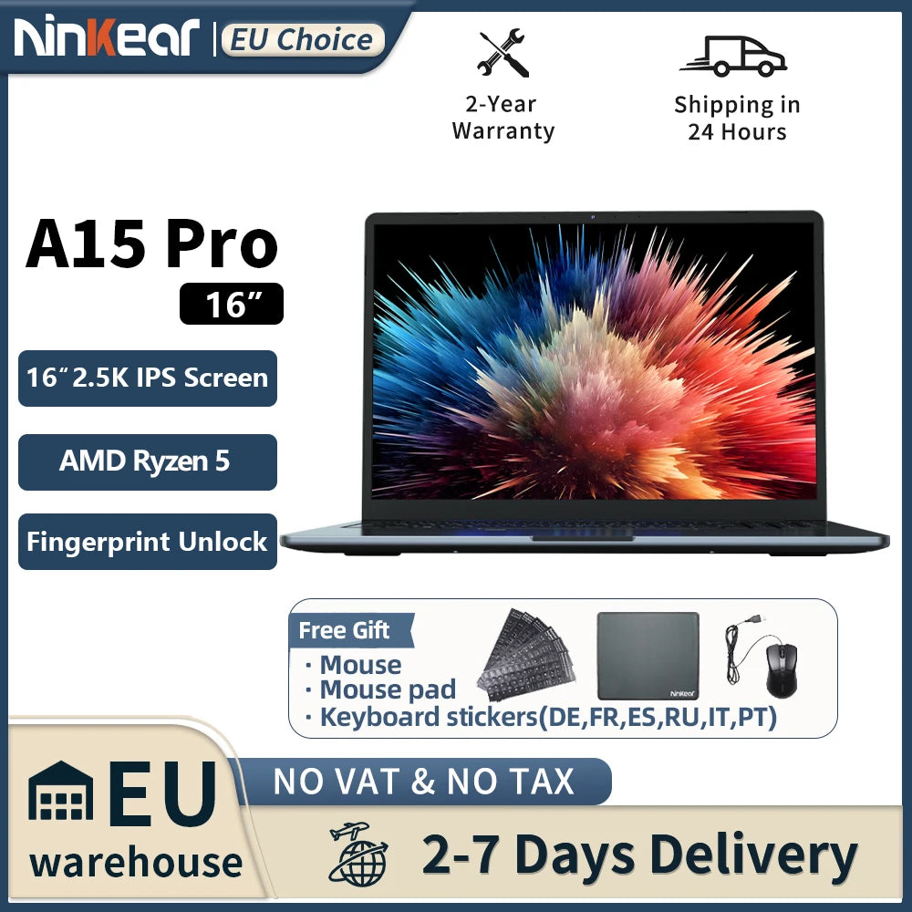 Ordinateur Portable Ninkear A15 Pro 16" — AMD Ryzen 5, Écran 2.5K 120Hz, 16 Go DDR4, SSD 1To, Empreinte, Windows 11
