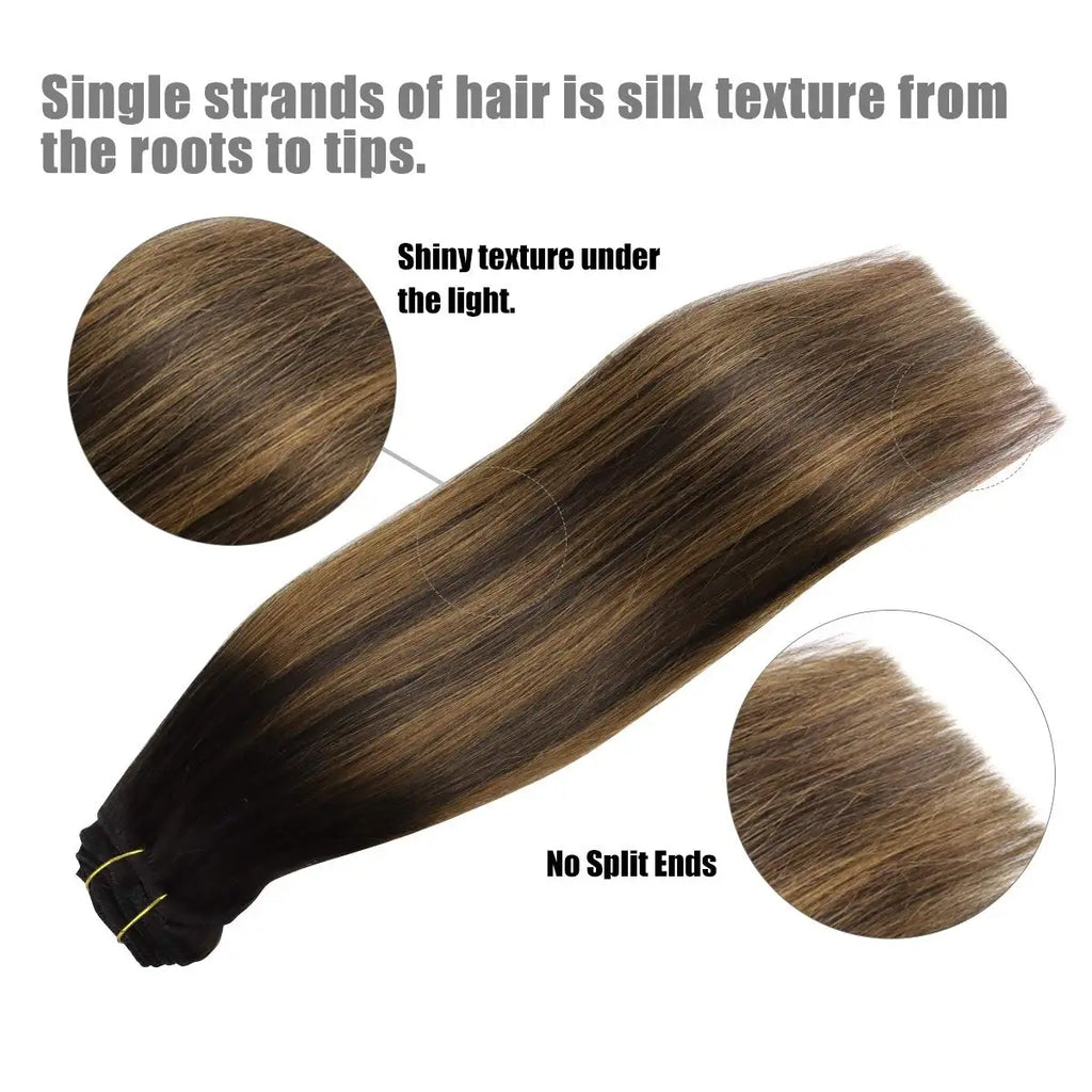 Extensions Clip-In Cheveux Humains Remy — Balayage Brun Naturel, Miel & Ombré 14 à 22 Pouces