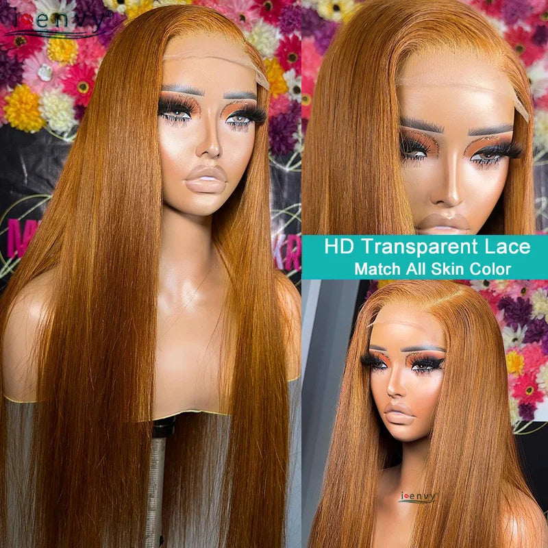 Perruque Lisse Colorée Lace Front HD 13x6 — Gingembre, Blonde 613 & Bordeaux 34 Pouces