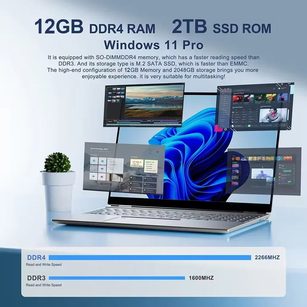 Ordinateur Portable Bureau 2025 — Intel Atom x7 A3950, 12 Go DDR4, SSD 512Go/1To, Écran Full HD 90Hz, Windows 11