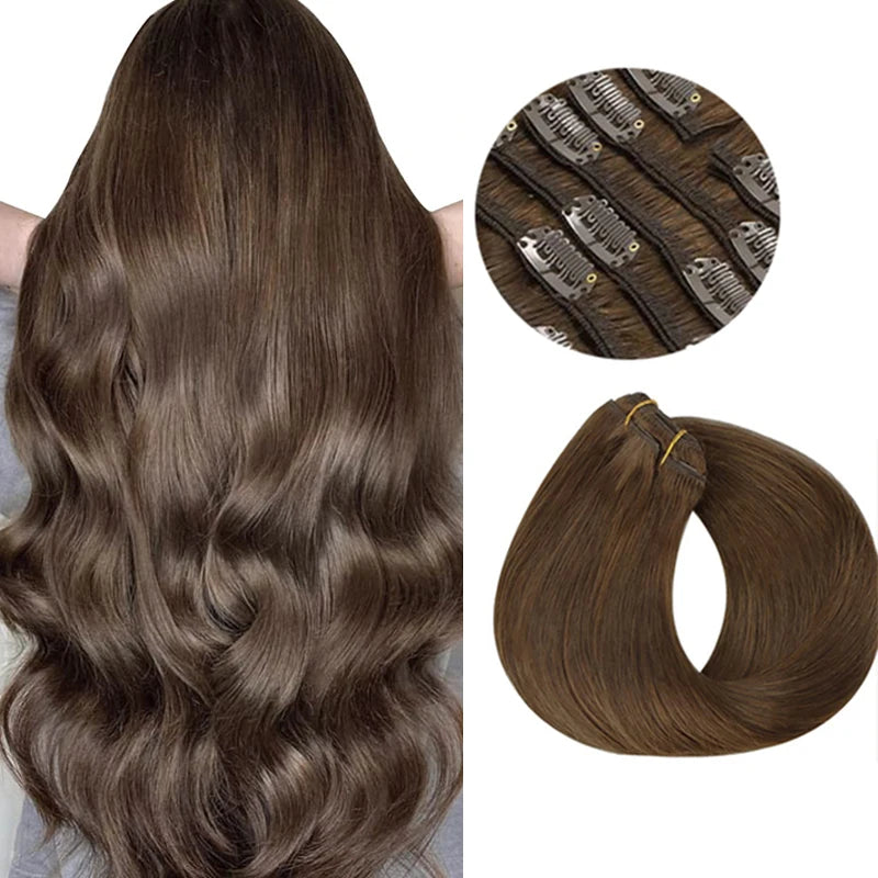 Extensions Clip-In Cheveux Humains Remy — Balayage Brun Naturel, Miel & Ombré 14 à 22 Pouces