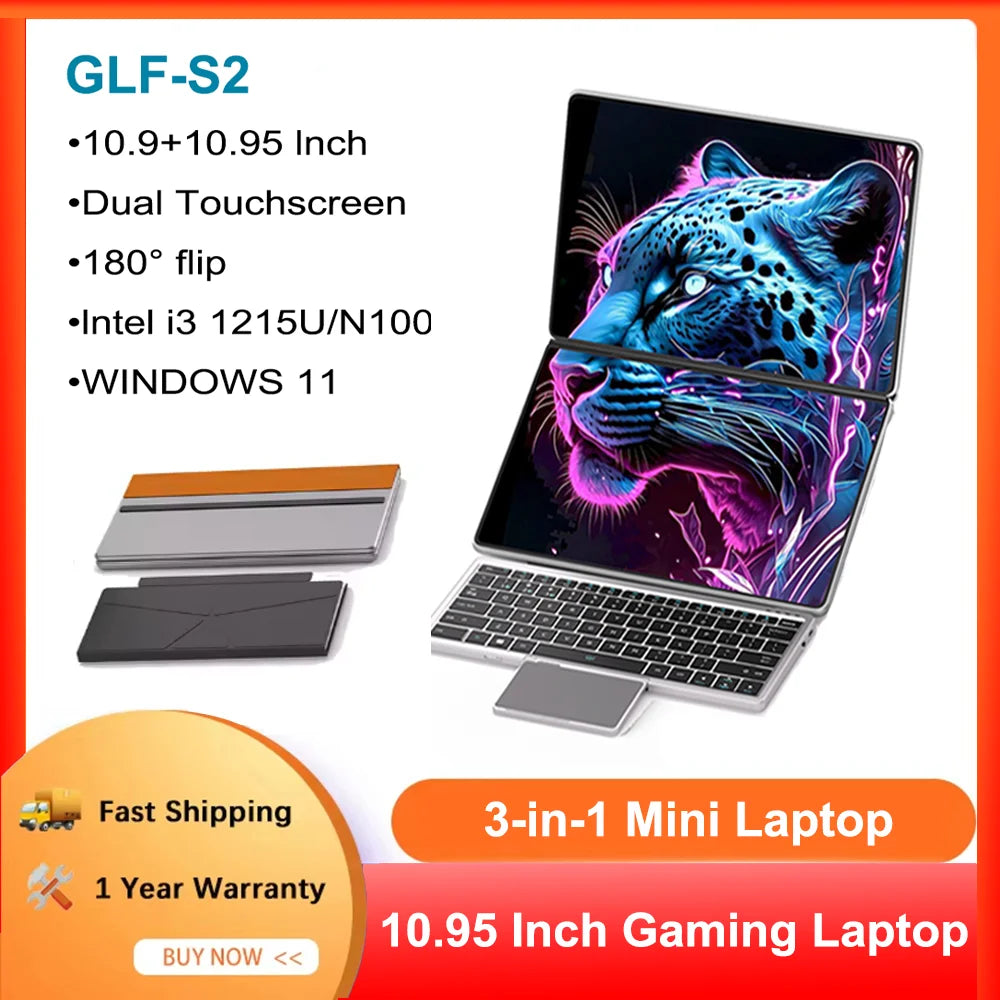 Ordinateur Portable Double Écran GLF-S2 10.95" — Intel i3-1215U / N100, 32 Go DDR5, SSD 2To, Tactile, WiFi 6, Windows 11