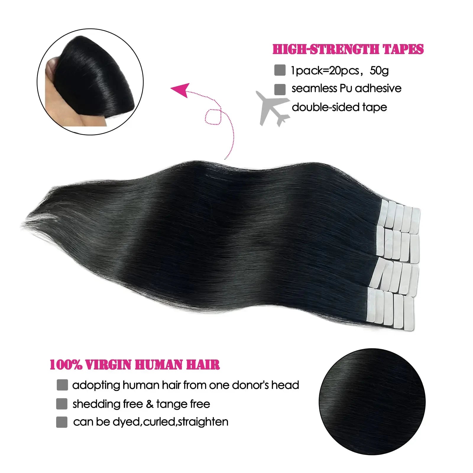Extensions Tape-In Cheveux Humains Remy Lisse — 20 Pièces Seamless Skin Weft Noir Naturel