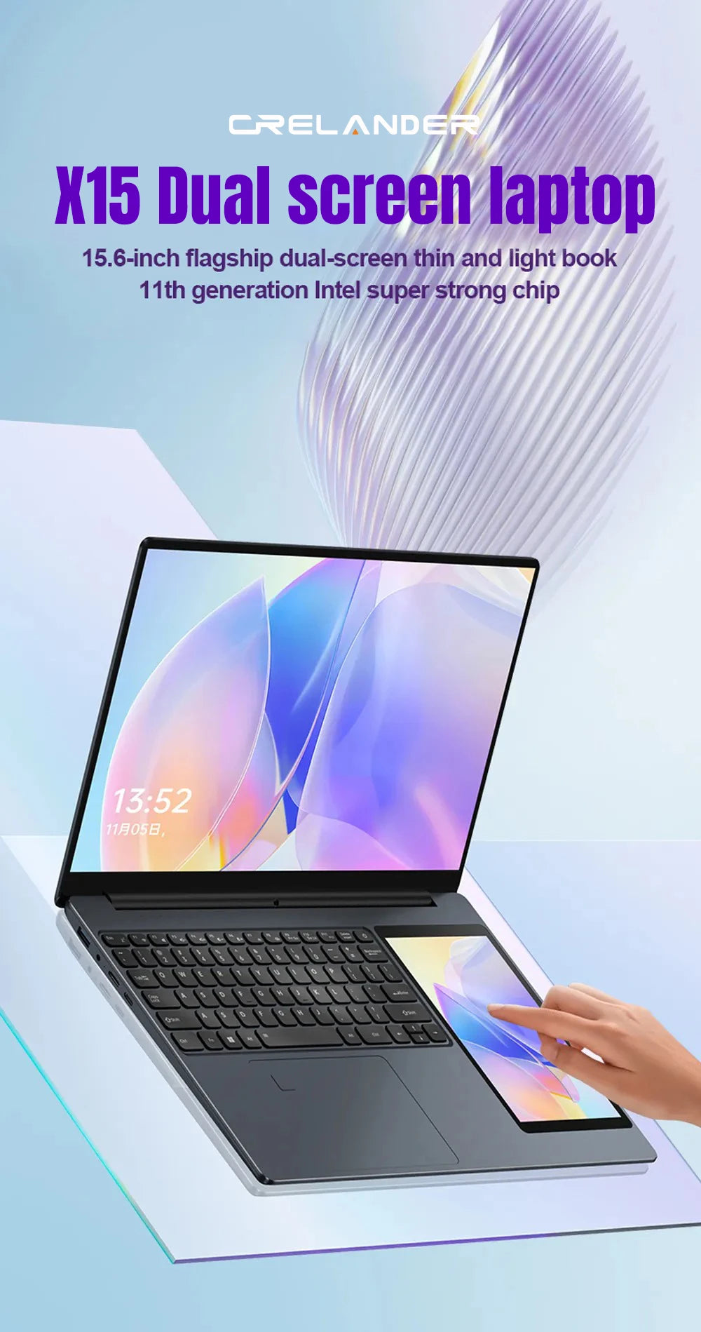 Ordinateur Portable CRELANDER 15.6" Double Écran — Intel N100, 16/32 Go RAM, SSD 1To/2To, Clavier RGB, Windows 11