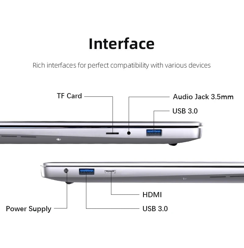 Ordinateur Portable Ultra-Slim 14.1" Intel Atom A3950 — 12 Go RAM, SSD M.2, Écran Full HD IPS, Windows 11 Pro