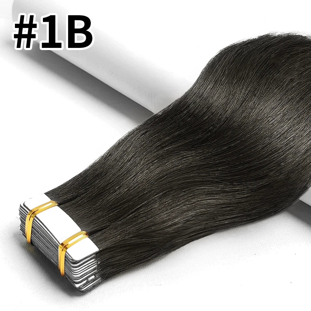 Extensions Tape-In Cheveux Humains Remy Lisse — 20 Pièces Seamless Skin Weft Noir Naturel