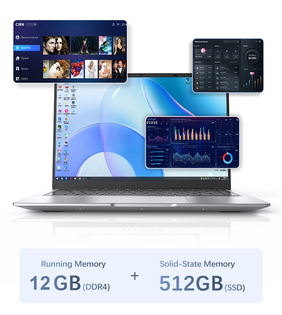 Ordinateur Portable Ultra-Slim 14.1" Intel Atom A3950 — 12 Go RAM, SSD M.2, Écran Full HD IPS, Windows 11 Pro