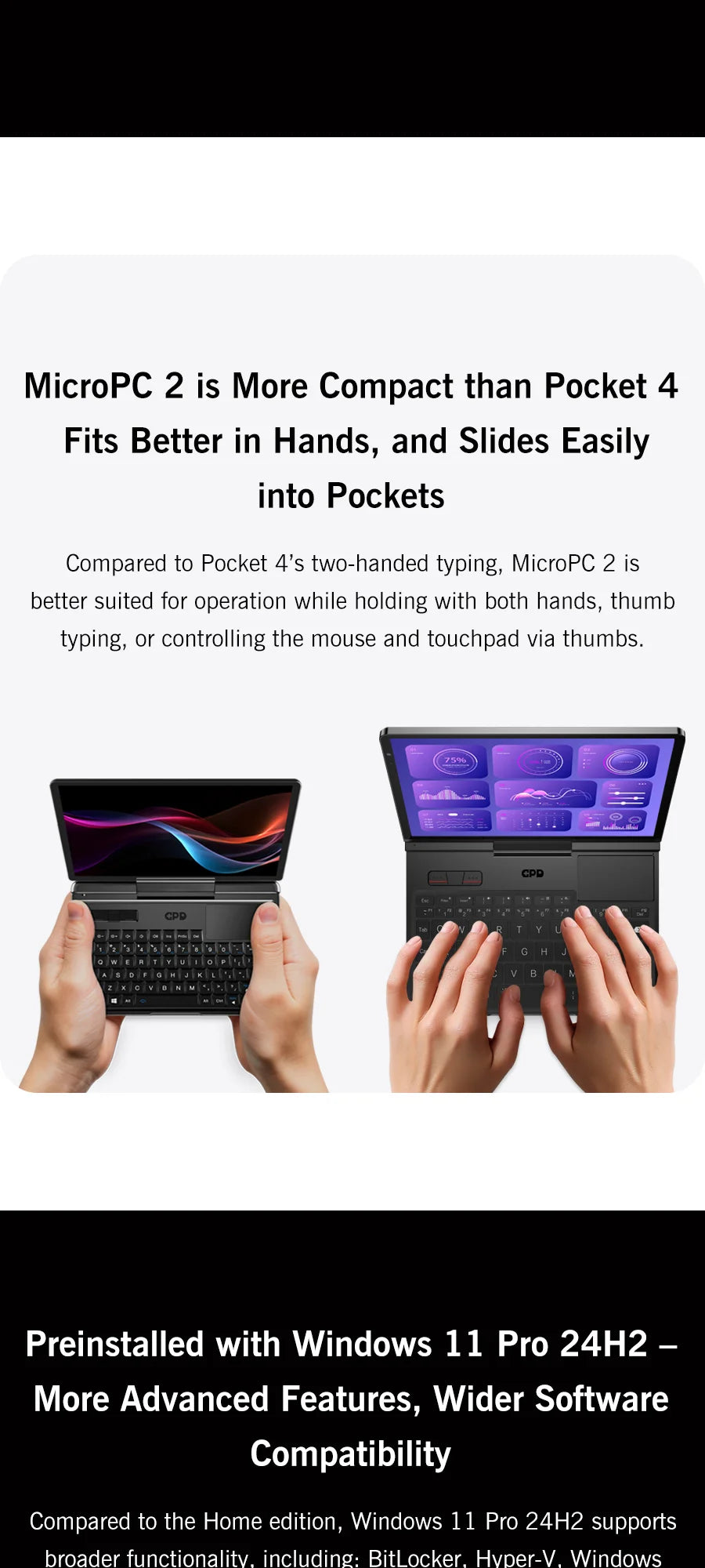 Mini PC Portable GPD MicroPC 2 — Intel Core i3-N350, 16 Go RAM, 512 Go SSD, Écran 7", Windows 11