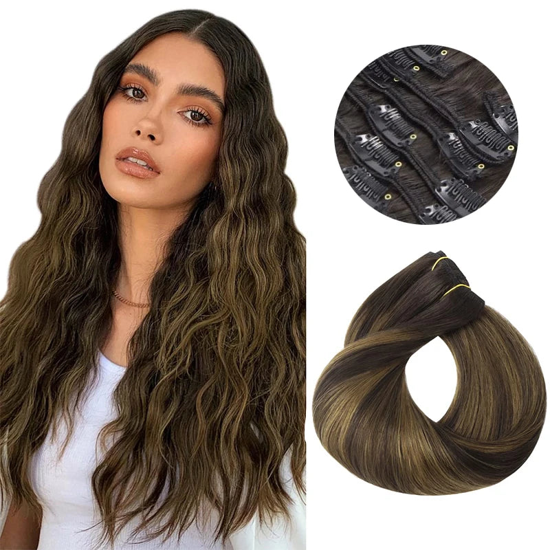 Extensions Clip-In Cheveux Humains Remy — Balayage Brun Naturel, Miel & Ombré 14 à 22 Pouces