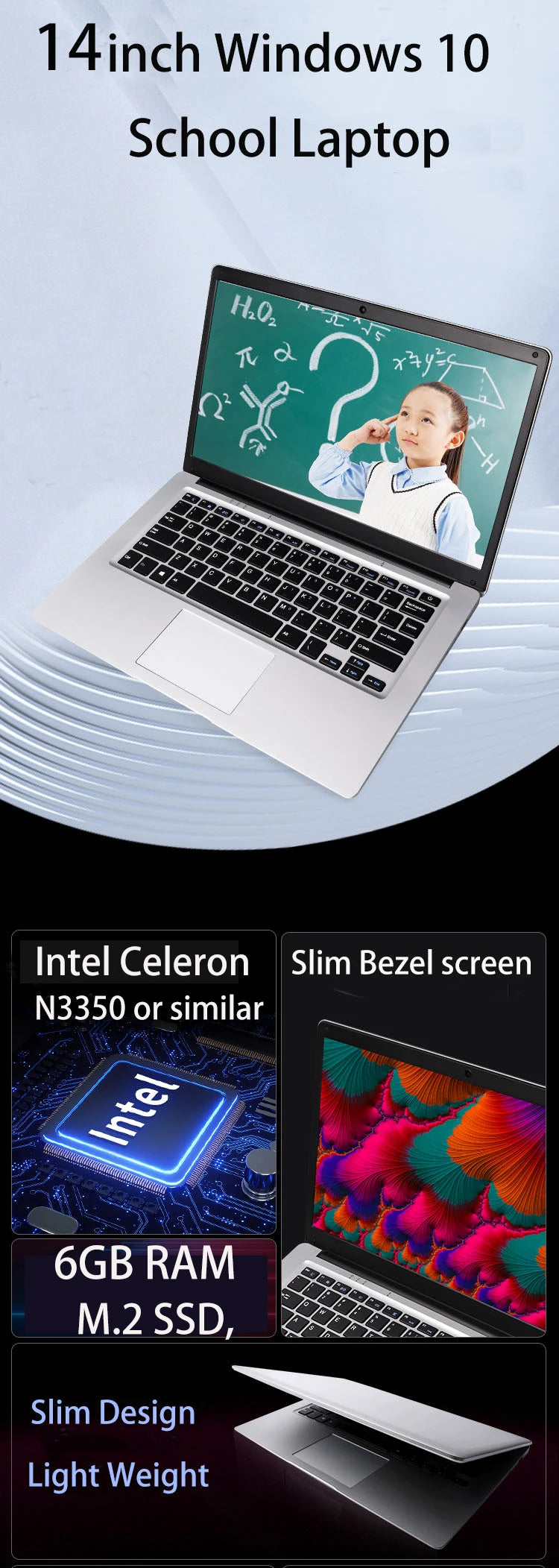 Ordinateur Portable Étudiant GMOLO 14" — Intel Celeron N3350, 4/6 Go RAM, SSD 64Goà 512Go, WiFi, Bluetooth, Windows 10