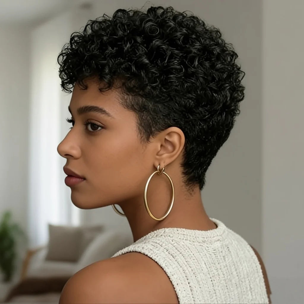 Perruque Pixie Cut Kinky Curly Courte — Cheveux Birmans Remy 6 Pouces Machine Made