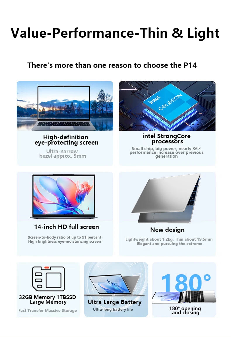 PC Portable Ultra Slim 14.1" — Intel N3700, 16 Go RAM, SSD jusqu'à 2 To, Windows 11 Pro