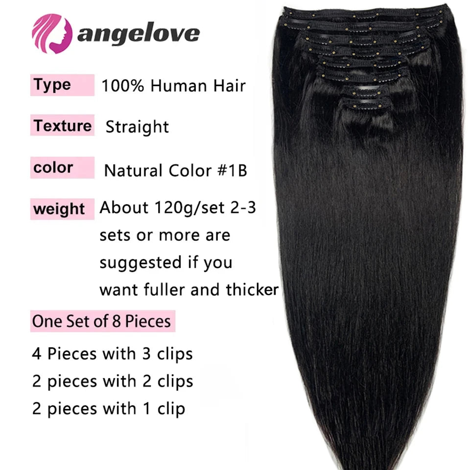 Extensions Clip-In Lisse Cheveux Brésiliens Remy 120g — 8 Pièces Tête Complète Noir Naturel